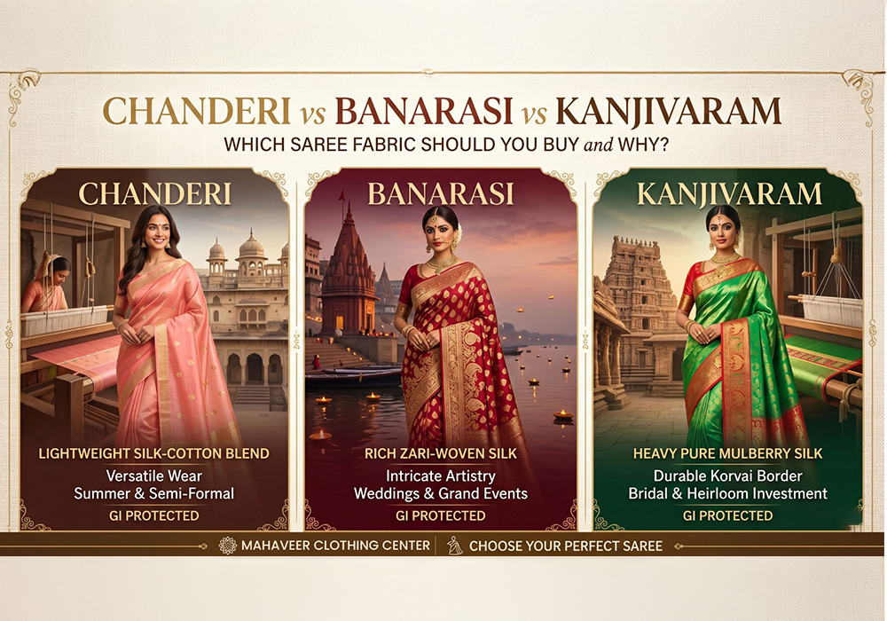 Chanderi vs Banarasi vs Kanjivaram, Which Saree Fabric Should You Buy?