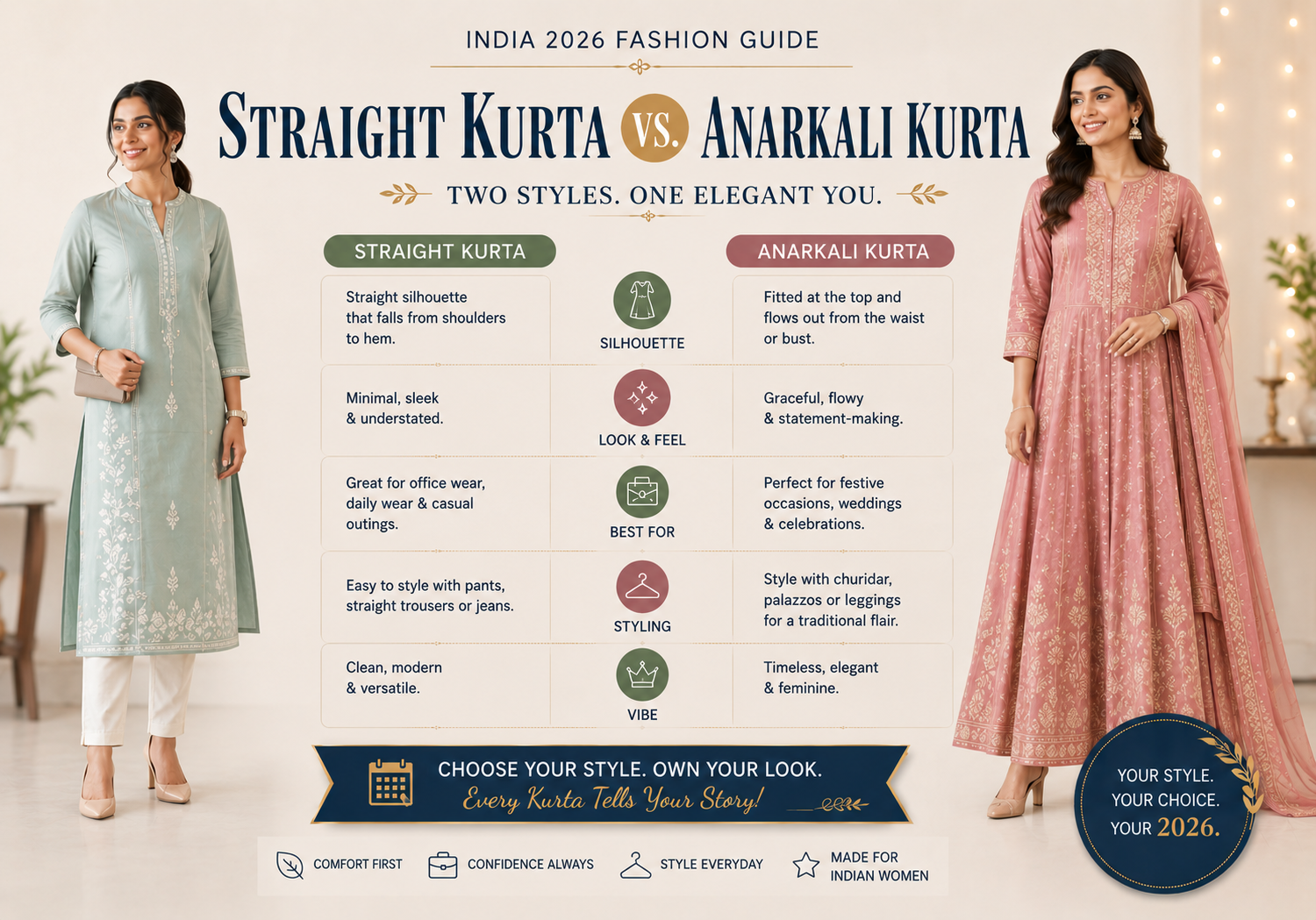 Straight kurta vs Anarkali kurta: which silhouette suits which body type?